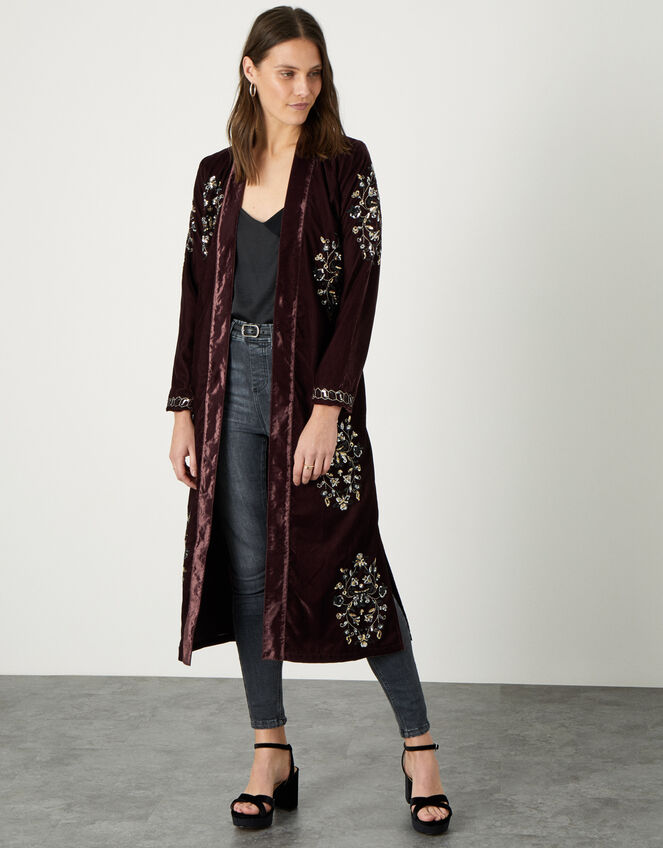 Cleo Velvet Embroidered Kimono, Brown (CHOCOLATE), large