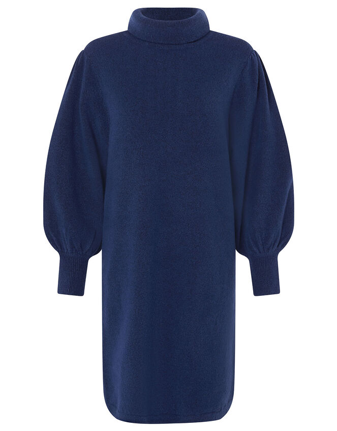 Roll Neck Knit Dress, Blue (DARK BLUE), large