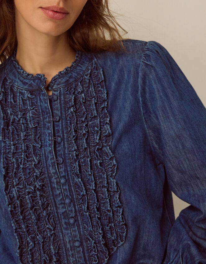 Sophia Ruffle Denim Shirt, Blue (MID AUTHENTIC BLUE), large