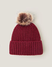 Dede Faux Fur Bobble Beanie Hat, Red (BURGUNDY), large