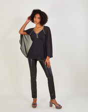 Mindy Embellished Cape Sleeve Top in Recycled Polyester, Black (BLACK), large