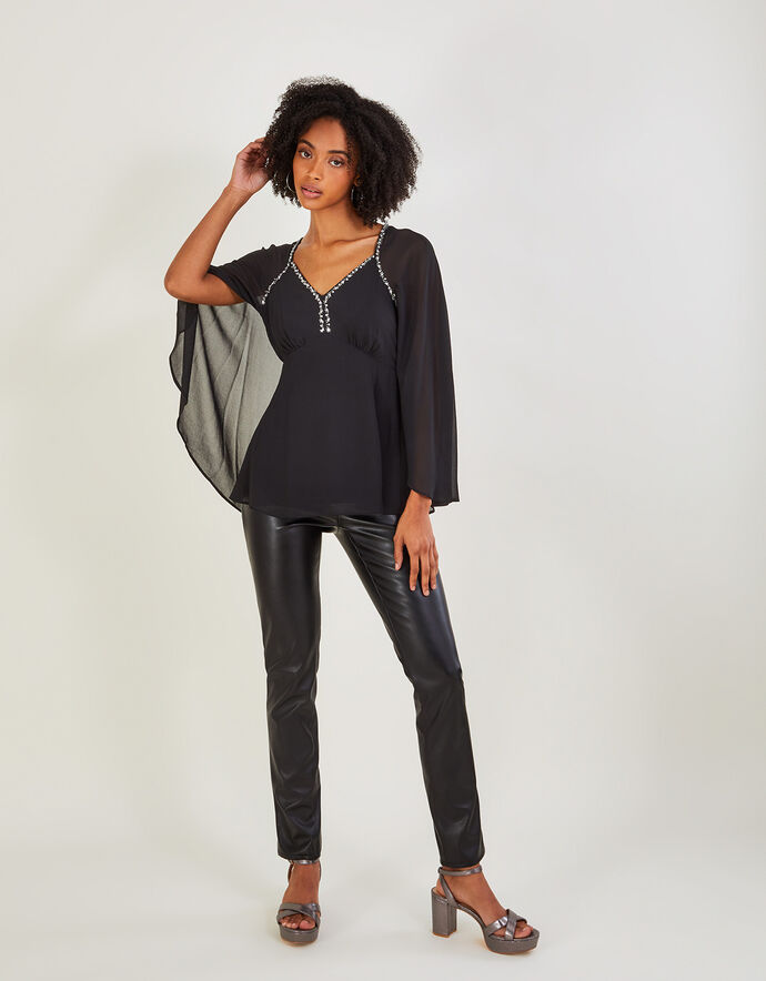 Mindy Embellished Cape Sleeve Top in Recycled Polyester Black
