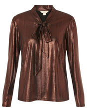 Madeline Metallic Pussybow Blouse, Bronze (BRONZE), large