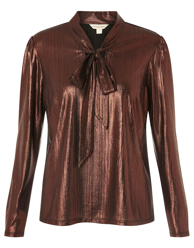 Madeline Metallic Pussybow Blouse, Bronze (BRONZE), large