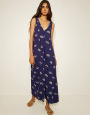 Briana Fan Print Wide Leg Jumpsuit, Blue (NAVY), large
