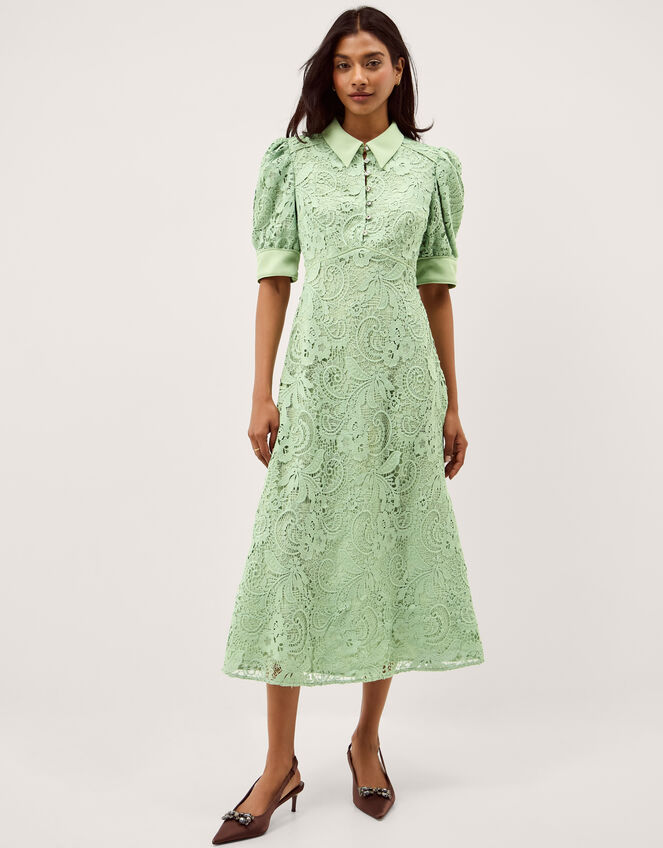 Bridget Puff Sleeve Lace Midi Dress Green