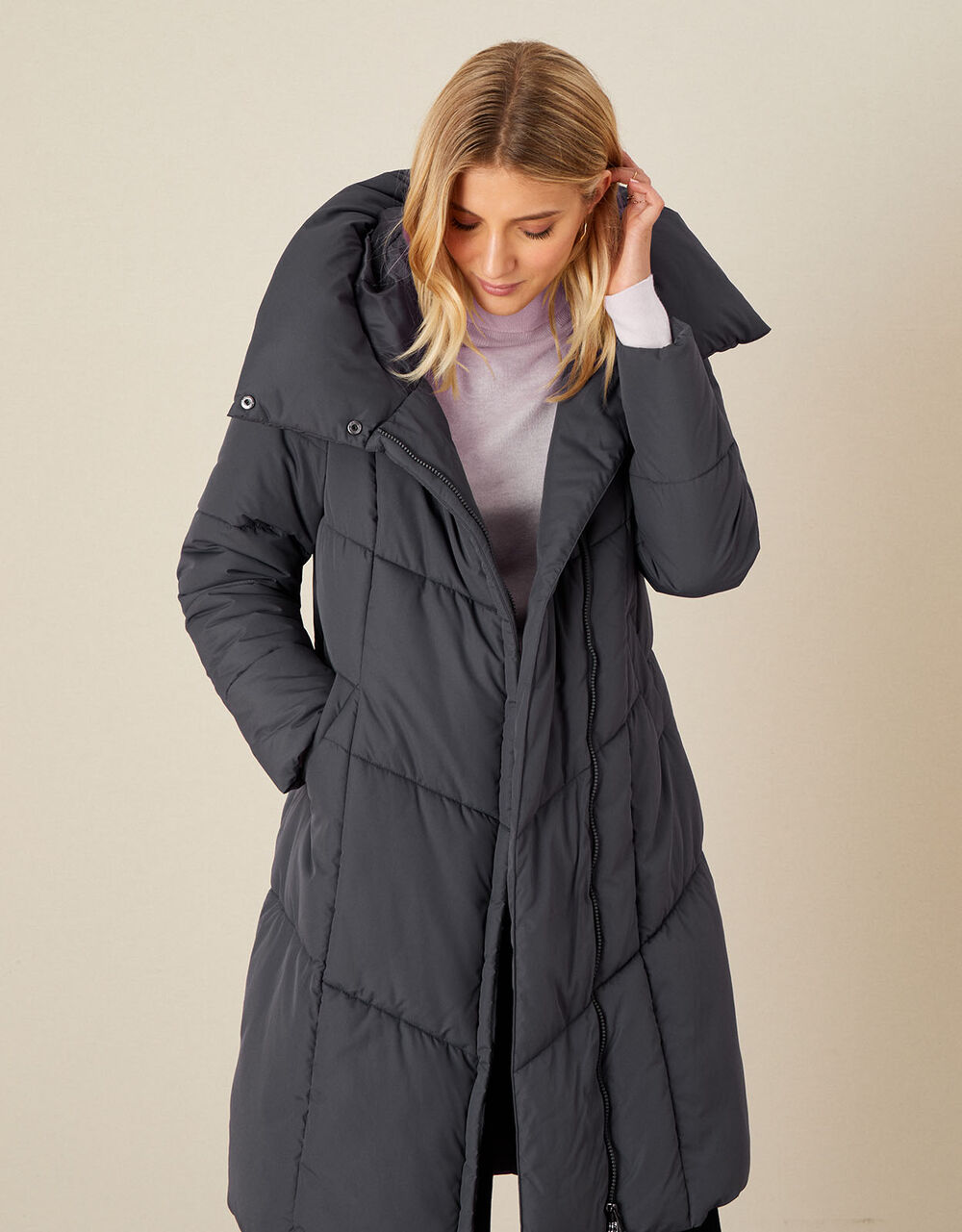 Longline Hooded Padded Coat Grey | Women's Coats | Monsoon UK.