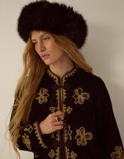 Monsoon x Queens of Archive Kate Long Embroidered Velvet Jacket, Black (BLACK), large