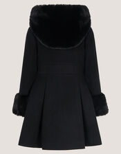 Bow Faux Fur Double-Breasted Coat, Black (BLACK), large