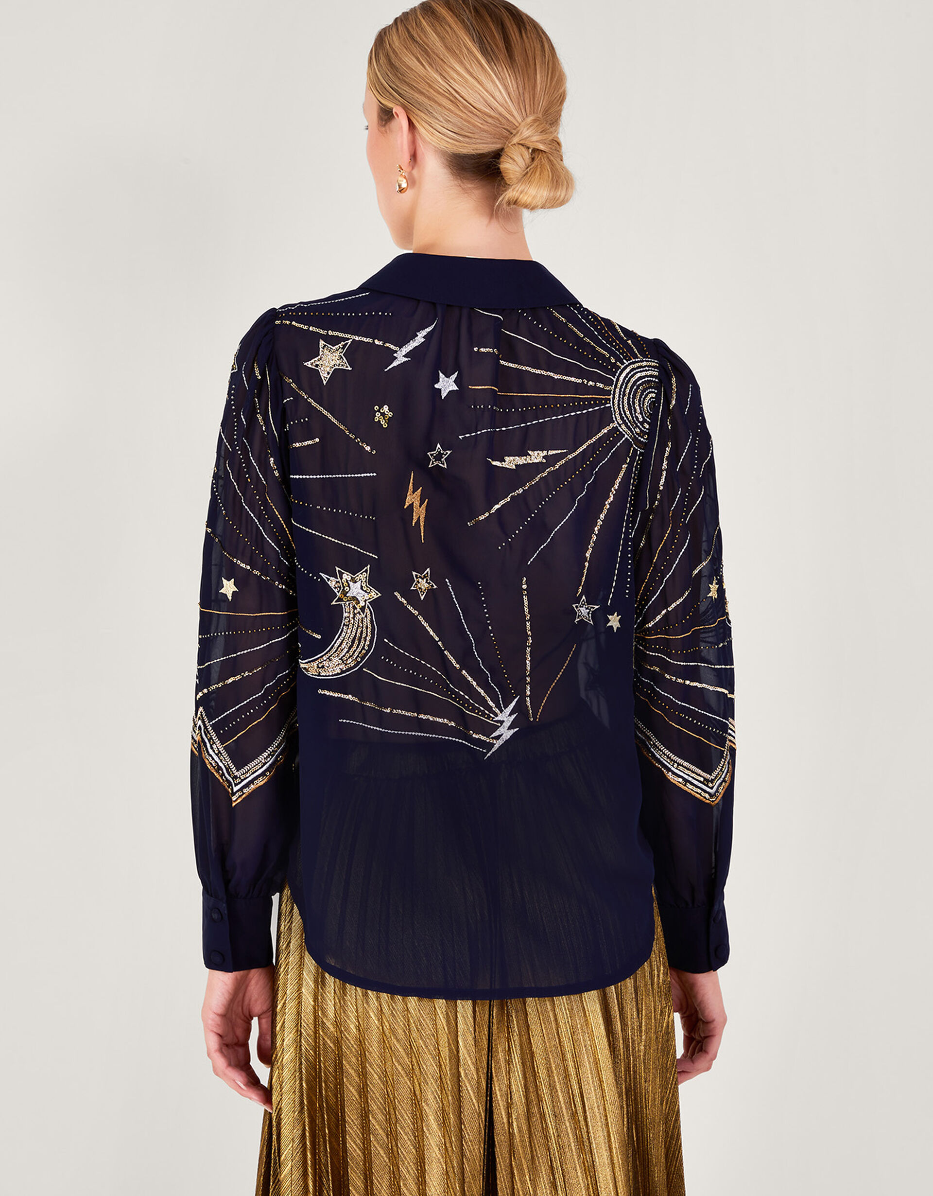 TINA - Embellished long-sleeved semi sheer mesh shirt