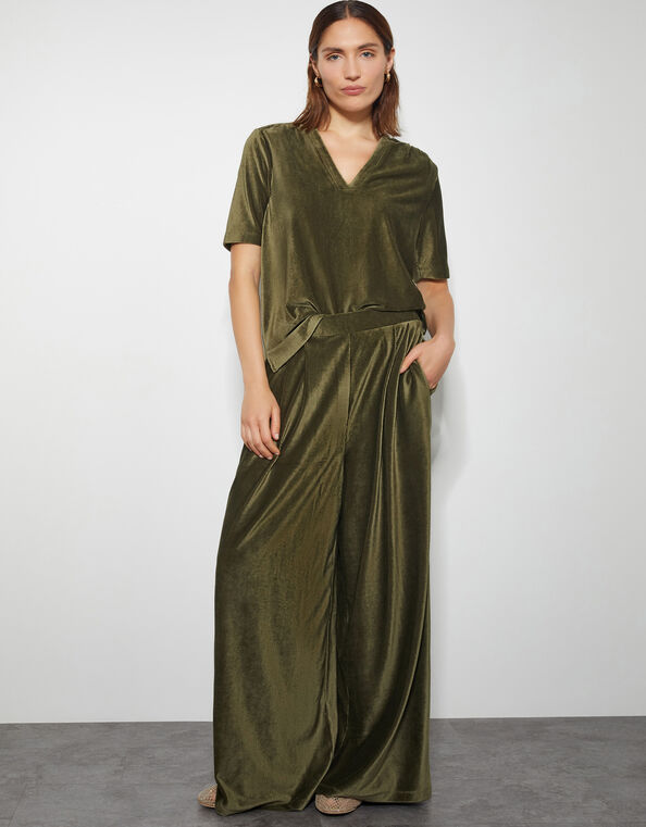 Shay Rib Wide Leg Trousers, Green (KHAKI), large
