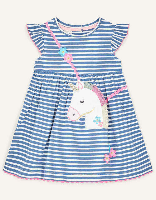 Baby Unicorn Stripe Dress, Blue (BLUE), large