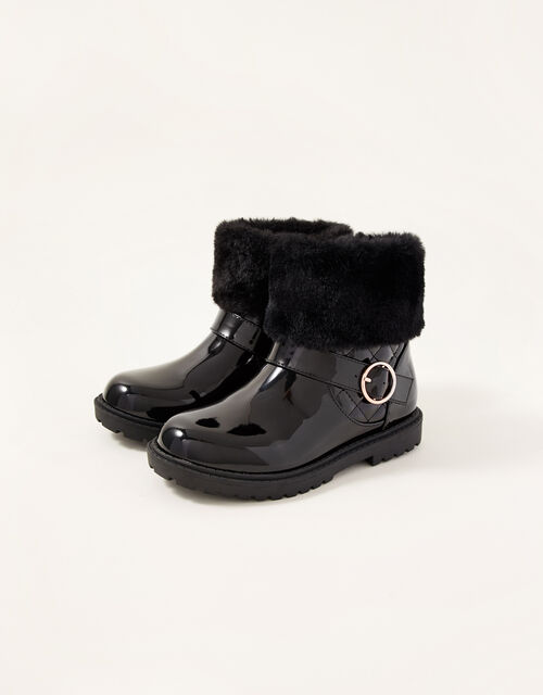 Patent Fur Trim Boots, Black (BLACK), large