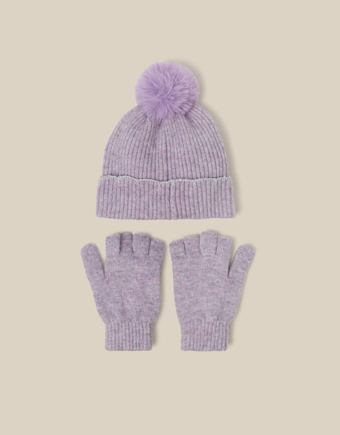 Pearl Flower Bobble Hat & Gloves Set, Purple (LILAC), large