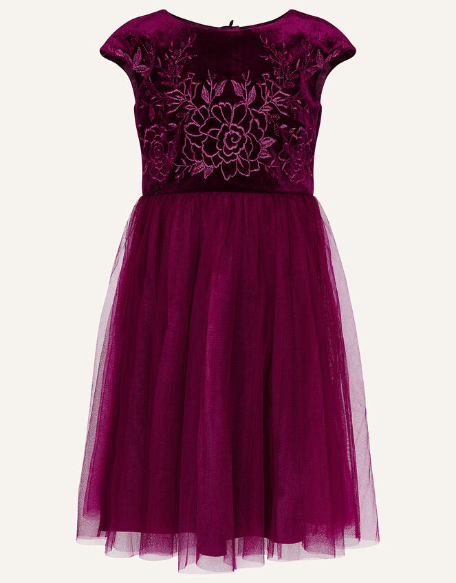 Floral Embroidered Velvet Dress, Red (BURGUNDY), large