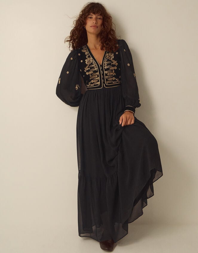 Ella Floral Embellished Velvet Maxi Dress, Black (BLACK), large