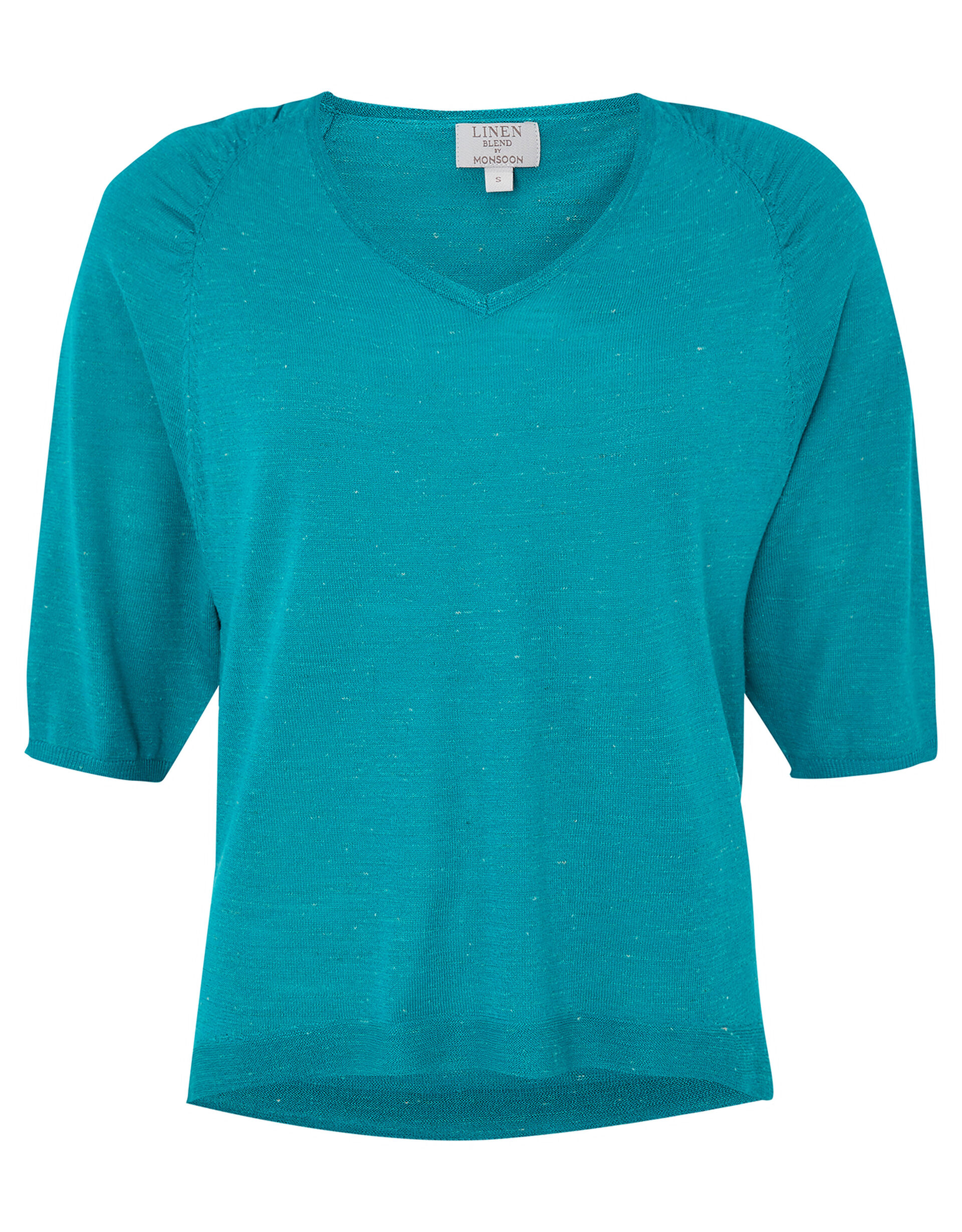 Gathered Shoulder Jumper in Linen Blend, Teal (TEAL), large