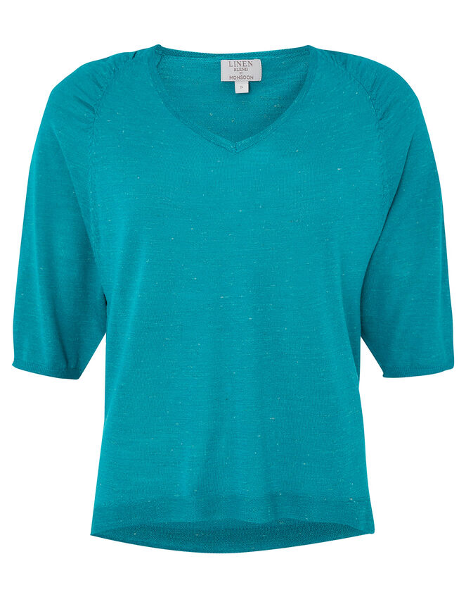 Gathered Shoulder Jumper in Linen Blend, Teal (TEAL), large