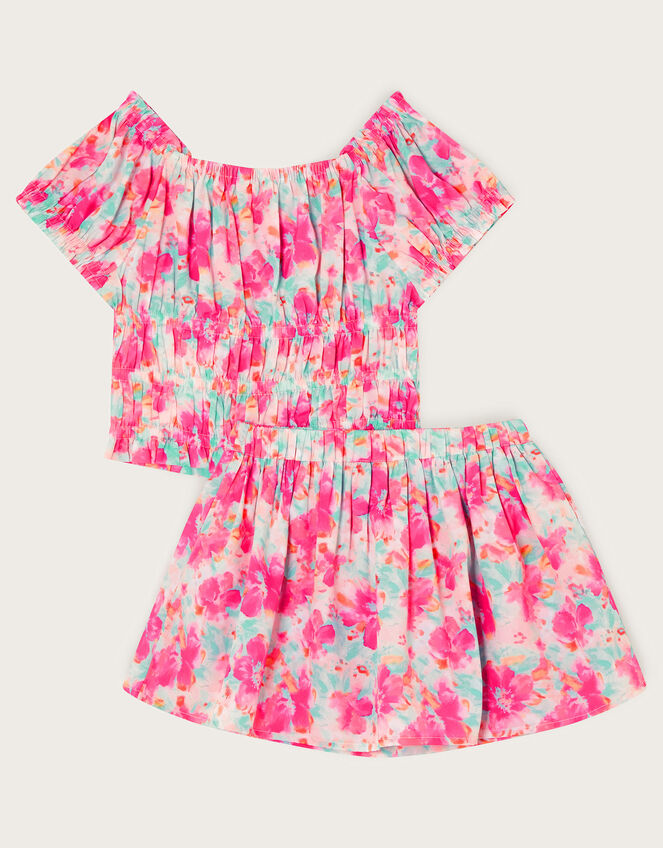 Tropical Floral Shirred Top and Skort Set, Pink (PINK), large
