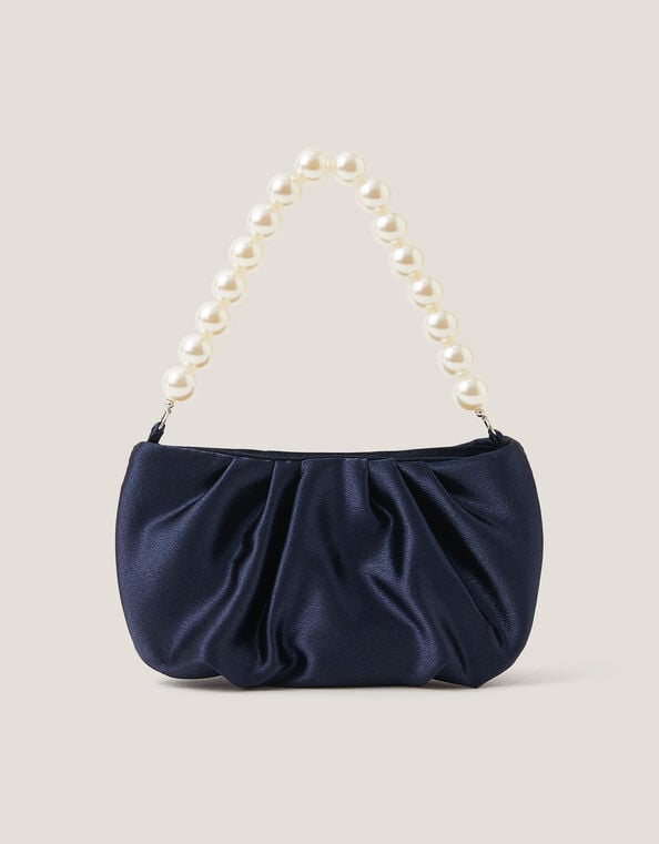 Pearl Strap Satin Party Bag, Blue (NAVY), large