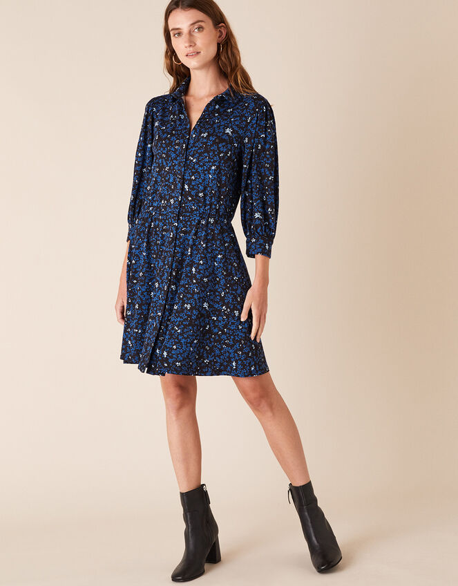 Ditsy Floral Short Jersey Shirt Dress, Black (BLACK), large
