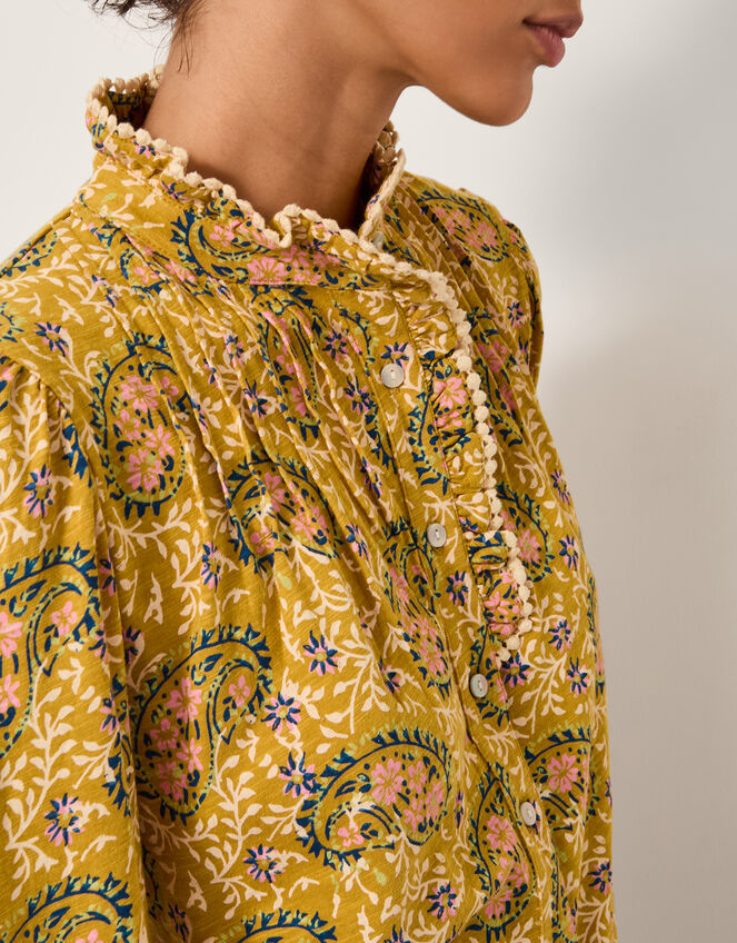 Mabel Paisley Jersey Frill Shirt, Yellow (OCHRE), large