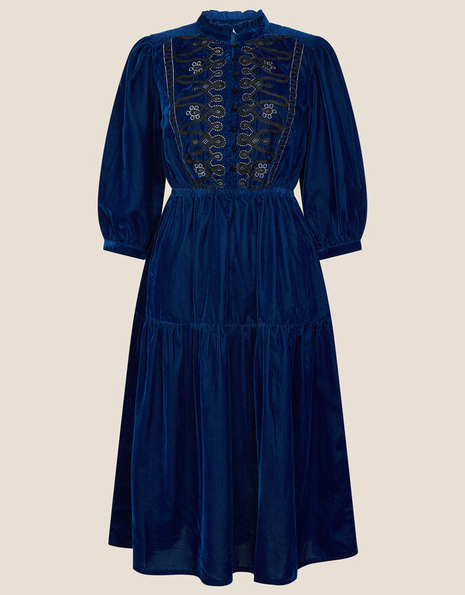 Military Embroidered Velvet Dress Blue | Evening Dresses | Monsoon UK.