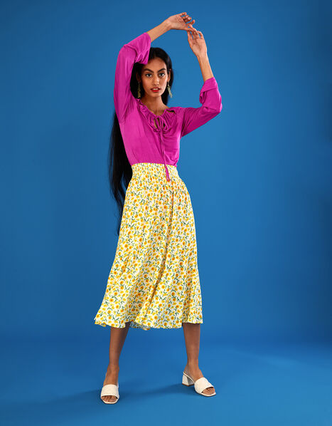 Ditsy Print Midi Skirt in LENZING™ ECOVERO™ Yellow, Yellow (YELLOW), large