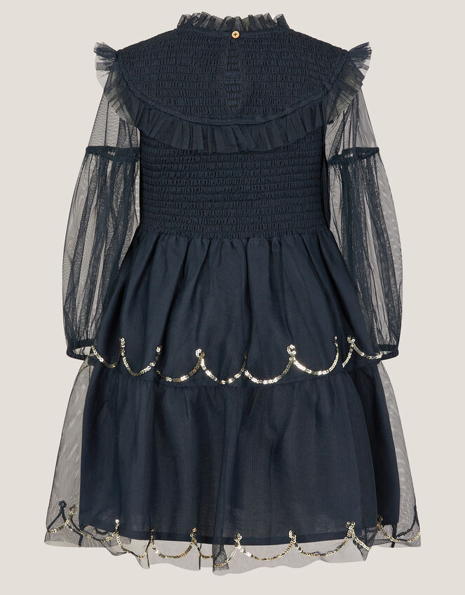 Bow Shirred Mesh Dress, Blue (NAVY), large