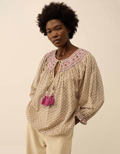 East Alina Floral Printed Smocking Top, Brown (BROWN), large