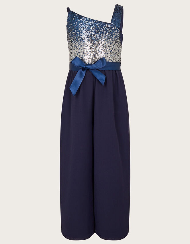 Ombre Sequin One-Shoulder Jumpsuit, Blue (NAVY), large