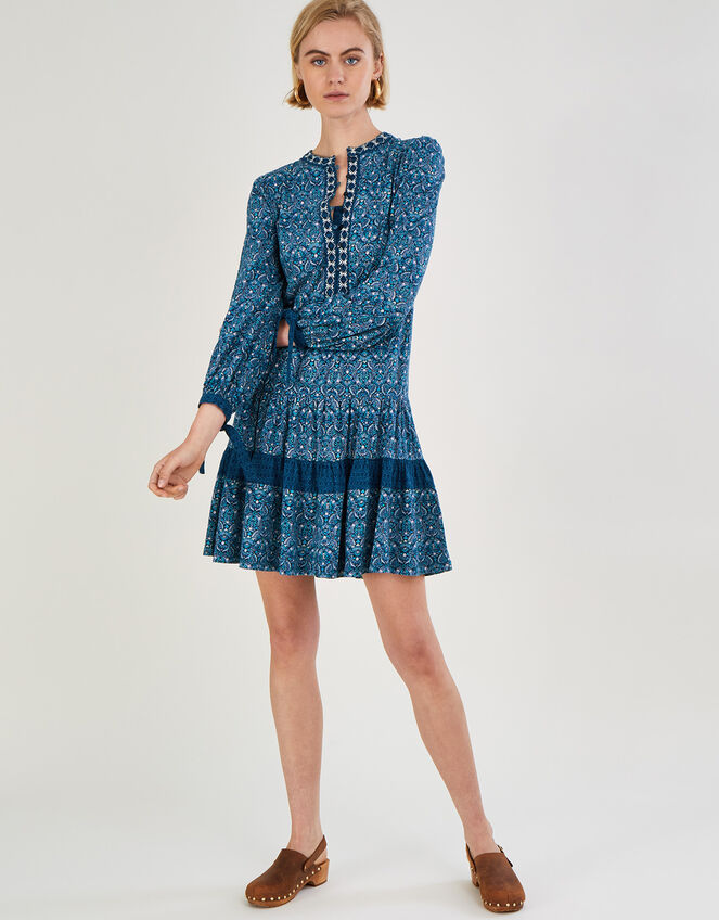 Paisley Print Jersey Smock Dress, Blue (NAVY), large