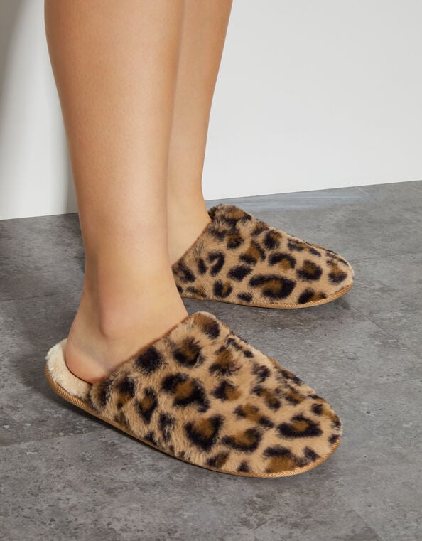 Dana Leopard Faux Fur Mule Slippers, Natural (NEUTRAL), large
