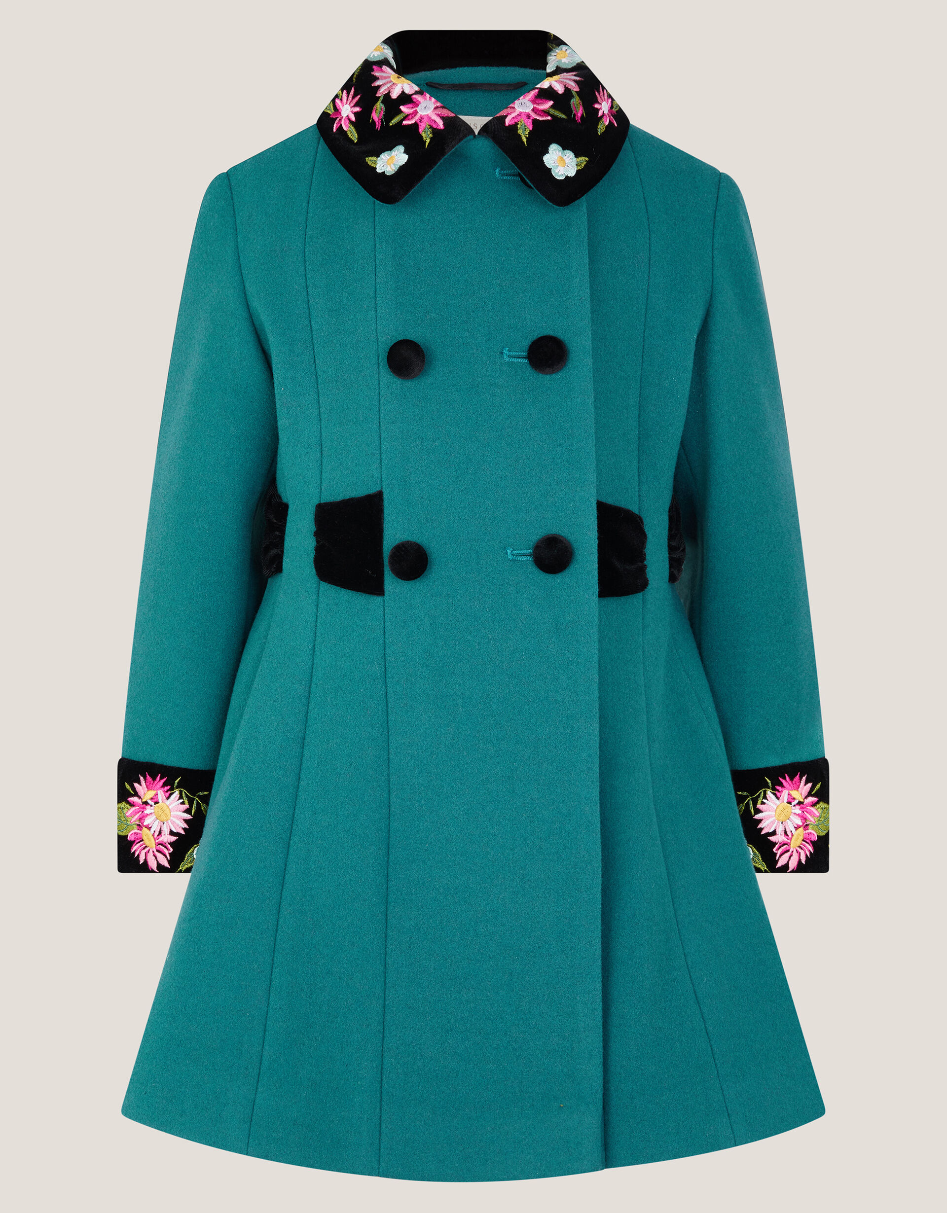 Contrast Double-Breasted Velvet Coat Teal