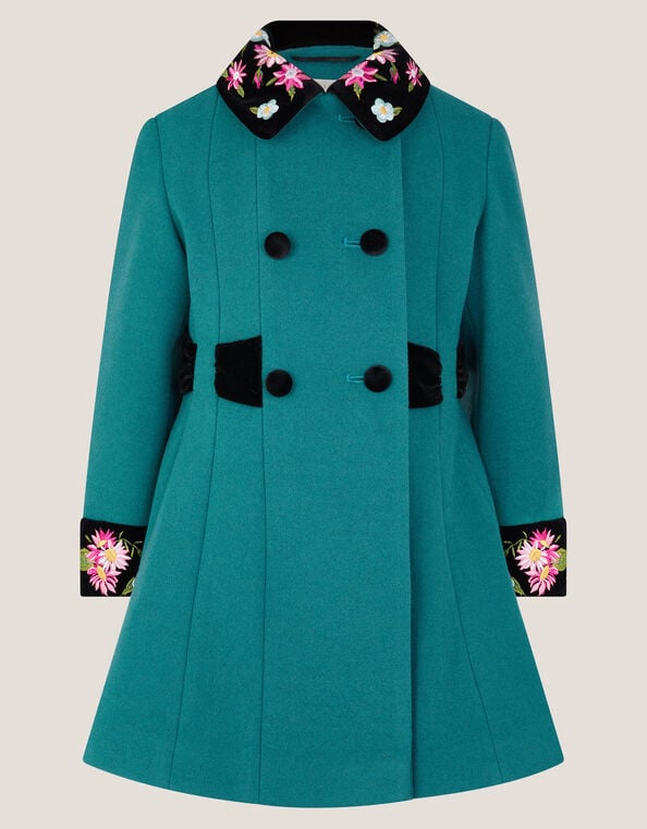 Contrast Double-Breasted Velvet Coat, Teal (TEAL), large