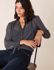Geo Print Tie Front Blouse, Blue (NAVY), large