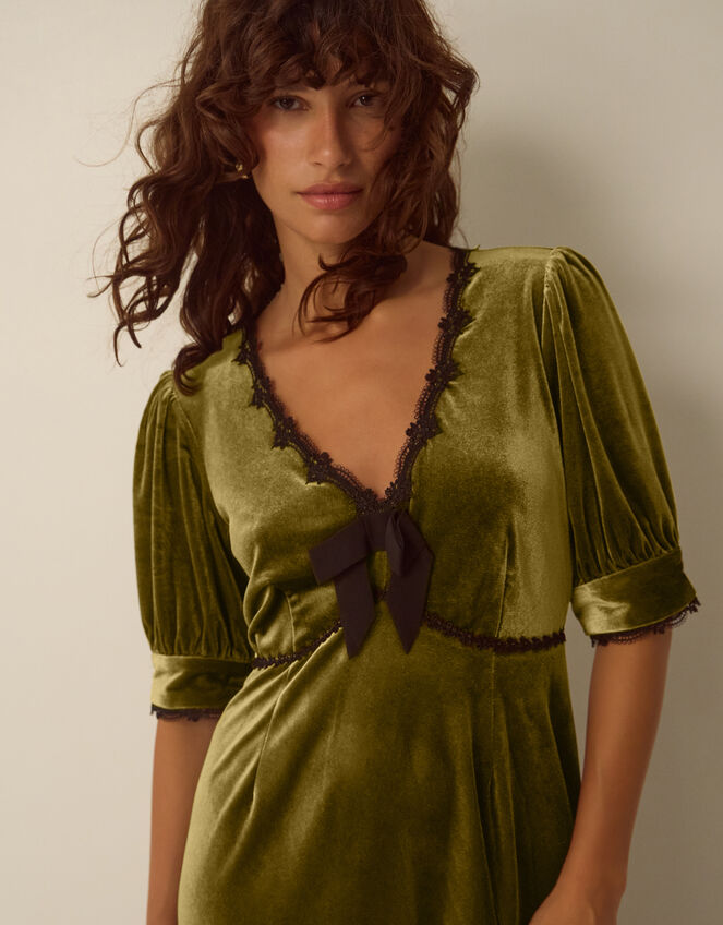 Vera V-Neck Velvet Midi Dress, Green (OLIVE), large