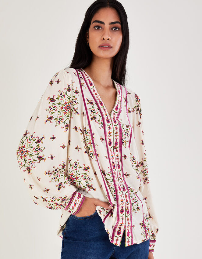 Floral Print V-Neck Top, Ivory (IVORY), large