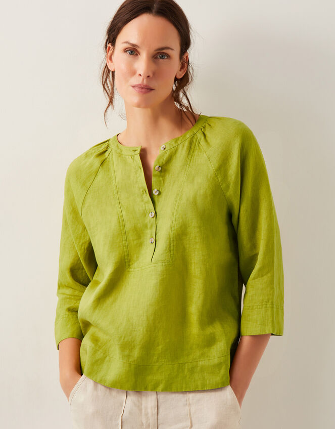 Rosa Bib Linen Blouse, Green (CHARTREUSE), large