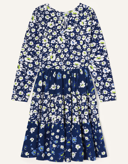 Floral Mix Tiered Jersey Dress, Blue (NAVY), large