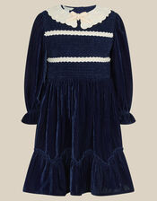 Pearl Smocked Velvet Dress, Blue (NAVY), large