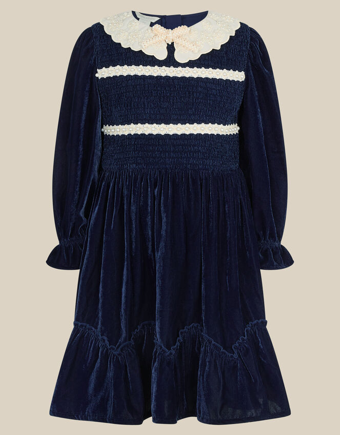 Pearl Smocked Velvet Dress, Blue (NAVY), large