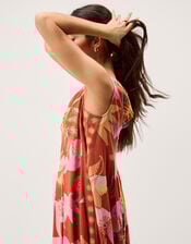 Anissa Print Pleated Midi Dress, Orange (ORANGE), large