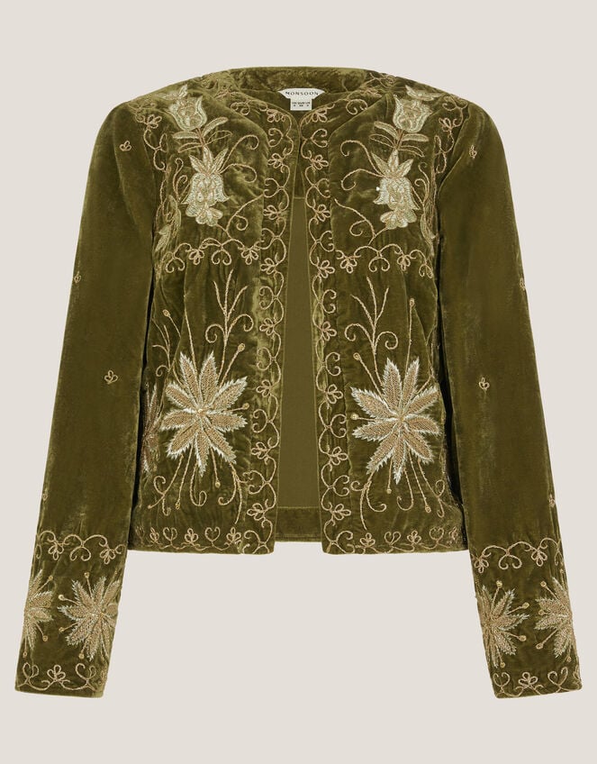 Magda Floral Embroidered Velvet Jacket, Green (KHAKI), large