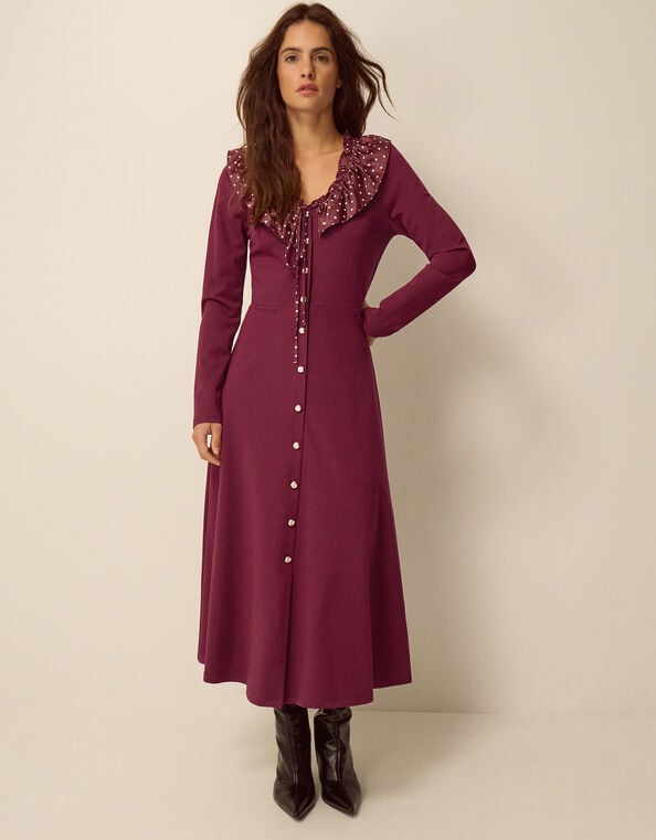 Jaz Polka Dot Collar Jersey Midi Dress, Red (BERRY), large