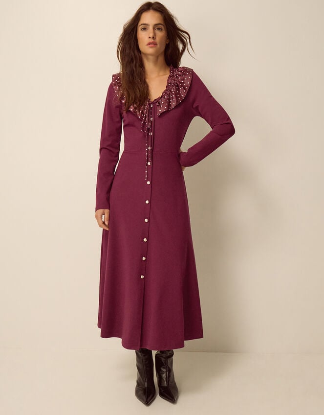 Jaz Polka Dot Collar Jersey Midi Dress, Red (BERRY), large