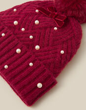 Pearl Bow Bobble Hat, Red (RED), large