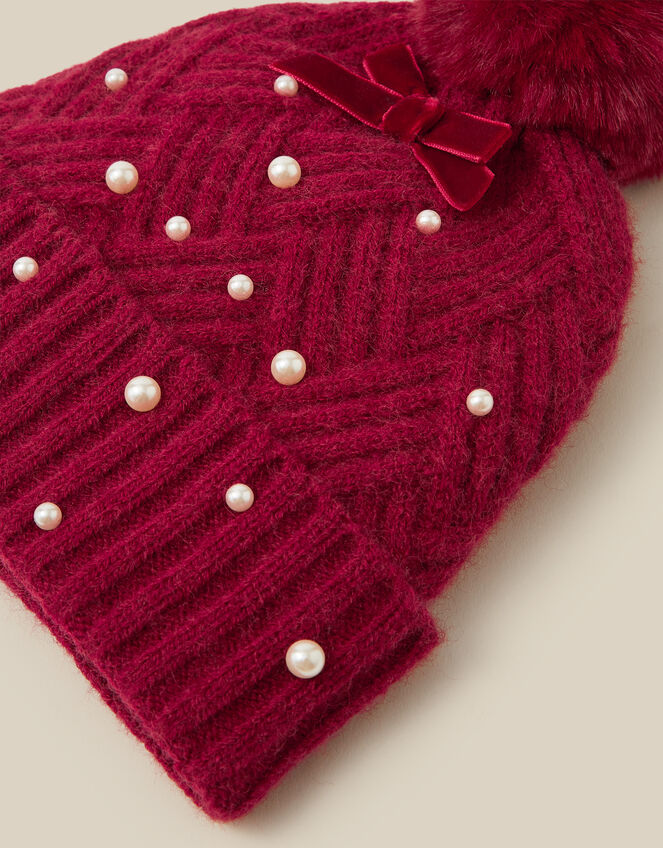 Pearl Bow Bobble Hat, Red (RED), large