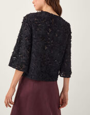 Chrissy Sheer Textured ¾ Sleeve Top, Black (BLACK), large
