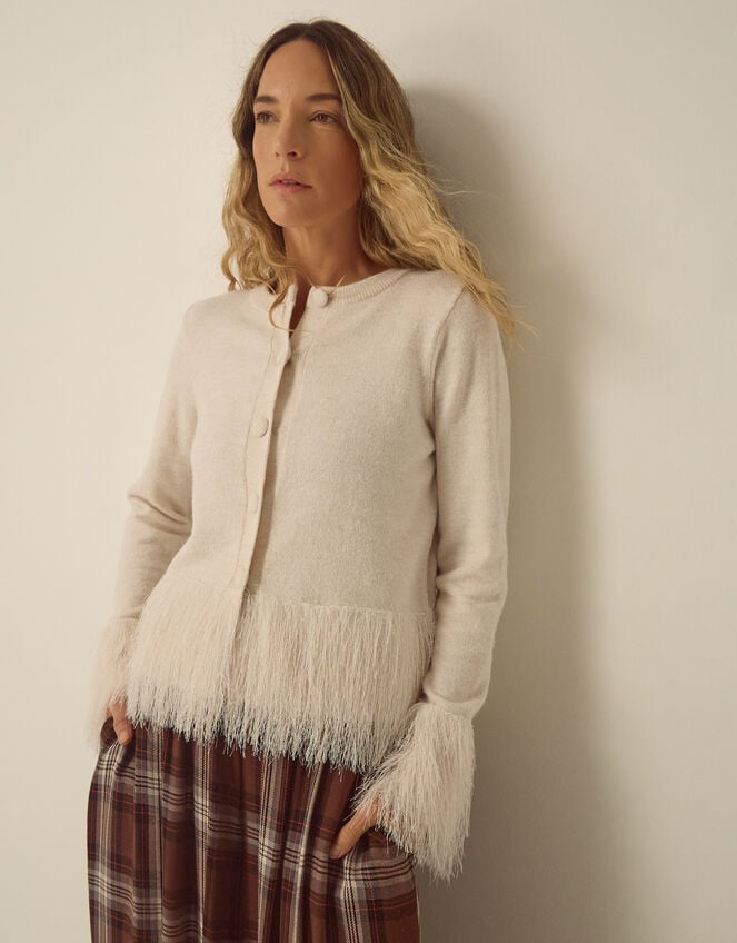 Fina Fringe Crew Neck Cardigan, Ivory (IVORY), large